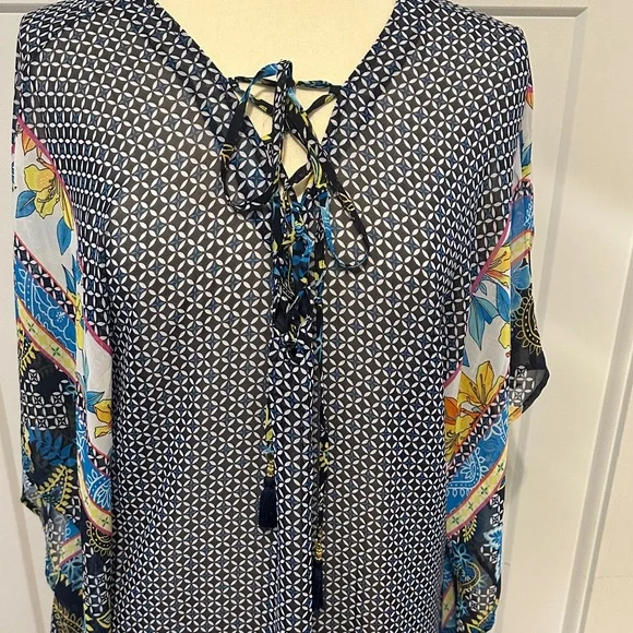 Tommy Bahama Navy Floral Border Lace-Up Swim Coverup - Picture 2 of 5